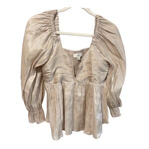 Entro Blouse Metallic Puff Sleeve Babydoll M Champagne Excellent Shimmer V-Neck